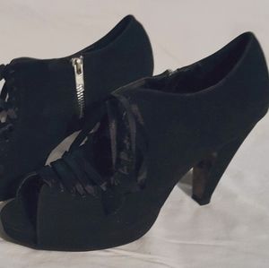 Bettie Page black suede peep toe granny ankle boot